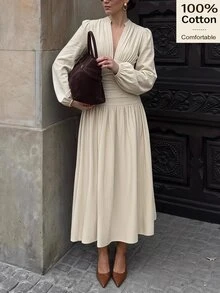 Siren Gaze Fall Winter 100% Cotton Fairy Long Lantern Sleeve Long Dress Vacation Beige Modest Elegant Minimalist V-Neck Cinched Waist Peplum Christmas Y2k Autumn - Ivory White - View 7