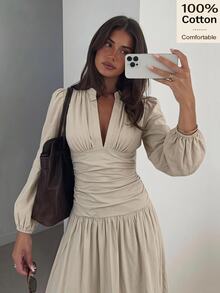 Siren Gaze Fall Winter 100% Cotton Fairy Long Lantern Sleeve Long Dress Vacation Beige Modest Elegant Minimalist V-Neck Cinched Waist Peplum Christmas Y2k Autumn - Ivory White - View 4