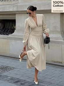 Siren Gaze Fall Winter 100% Cotton Fairy Long Lantern Sleeve Long Dress Vacation Beige Modest Elegant Minimalist V-Neck Cinched Waist Peplum Christmas Y2k Autumn - Ivory White - View 9