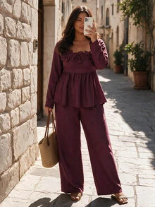 Breezaya 2pcs Plus Size Women Square Neck Ruffle Hem Floral Decor Long Sleeve Top And Pants Set Fall/Winter - Burgundy - View 1