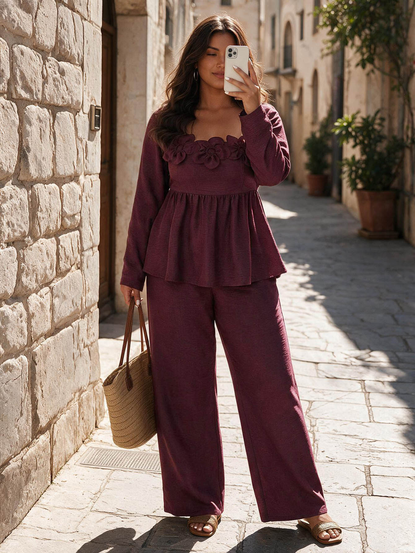 Breezaya 2pcs Plus Size Women Square Neck Ruffle Hem Floral Decor Long Sleeve Top And Pants Set Fall/Winter - Burgundy - View 1