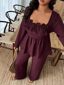 Breezaya 2pcs Plus Size Women Square Neck Ruffle Hem Floral Decor Long Sleeve Top And Pants Set Fall/Winter - Burgundy - View 8