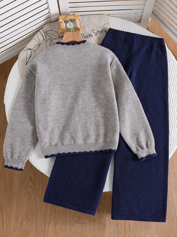 SHEIN Tween Girl Cartoon Embroidery Drop Shoulder Sweater & Knit Pants Pullover Autumn Winter - Multicolor - View 2