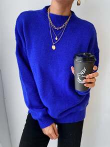 EURMUSE Solid Mock Neck Drop Shoulder Jumper - Royal Blue - View 3
