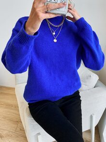 EURMUSE Solid Mock Neck Drop Shoulder Jumper - Royal Blue - View 14
