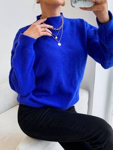 EURMUSE Solid Mock Neck Drop Shoulder Jumper - Royal Blue - View 8