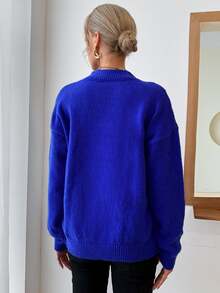 EURMUSE Solid Mock Neck Drop Shoulder Jumper - Royal Blue - View 4