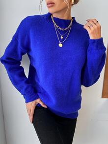 EURMUSE Solid Mock Neck Drop Shoulder Jumper - Royal Blue - View 7