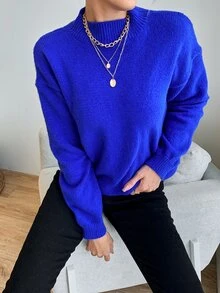 EURMUSE Solid Mock Neck Drop Shoulder Jumper - Royal Blue - View 12