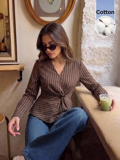 SHEIN Frenchy Women's Cotton Striped Twist Front V Neck Long Sleeve Fitted Cotton Shirt Brown Business Casual Work Top,Commuter Style Blouse