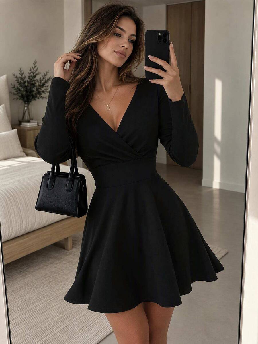 EURMUSE Off Shoulder Flare Hem Dress - Black - View 1