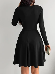 EURMUSE Off Shoulder Flare Hem Dress - Black - View 2