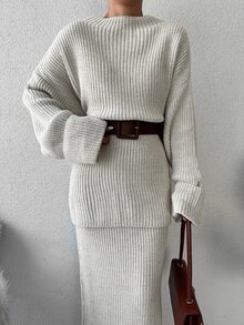 EURMUSE Drop Shoulder Sweater & Knit Skirt Without Belt - Beige - View 7