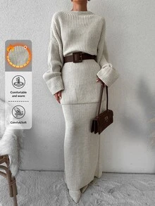 EURMUSE Drop Shoulder Sweater & Knit Skirt Without Belt - Beige - View 3