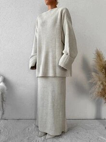 EURMUSE Drop Shoulder Sweater & Knit Skirt Without Belt - Beige - View 5