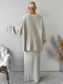 EURMUSE Drop Shoulder Sweater & Knit Skirt Without Belt - Beige - View 2