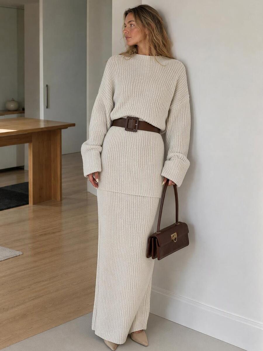 EURMUSE Drop Shoulder Sweater & Knit Skirt Without Belt - Beige - View 1