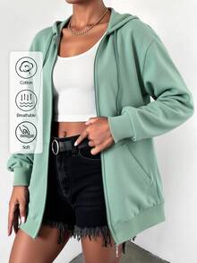EURMUSE 100%Cotton Solid Zip Up Drawstring Hoodie - Mint Green - View 3