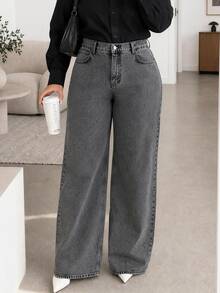 EURMUSE Plus Size Women's Casual Fashion Street Style Daily Commute Minimalist Versatile Washed Loose Wide Leg Jeans - Medium Wash - View 1