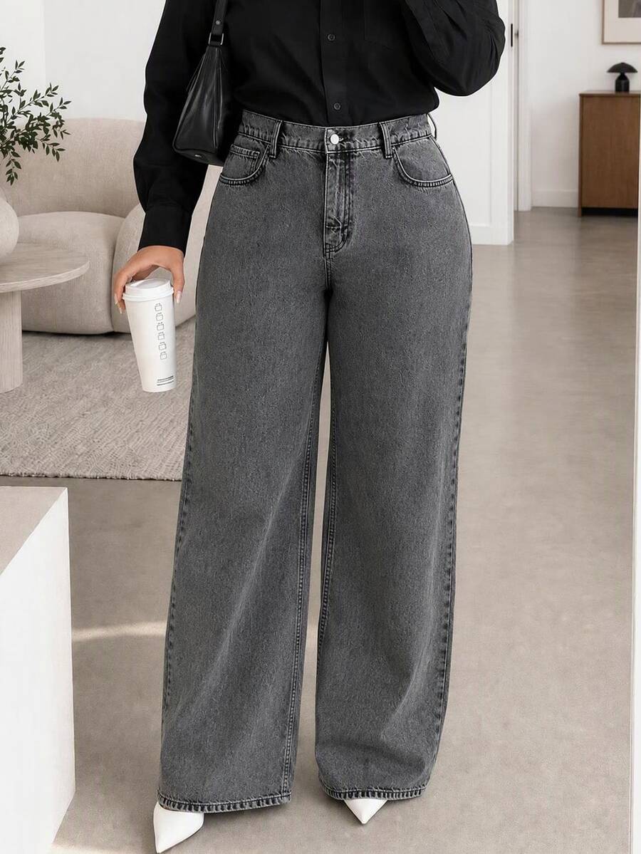 EURMUSE Plus Size Women's Casual Fashion Street Style Daily Commute Minimalist Versatile Washed Loose Wide Leg Jeans - Medium Wash - View 1