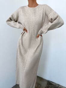 EURMUSE Solid Drop Shoulder Sweater Dress - Beige - View 8