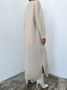 EURMUSE Solid Drop Shoulder Sweater Dress - Beige - View 3