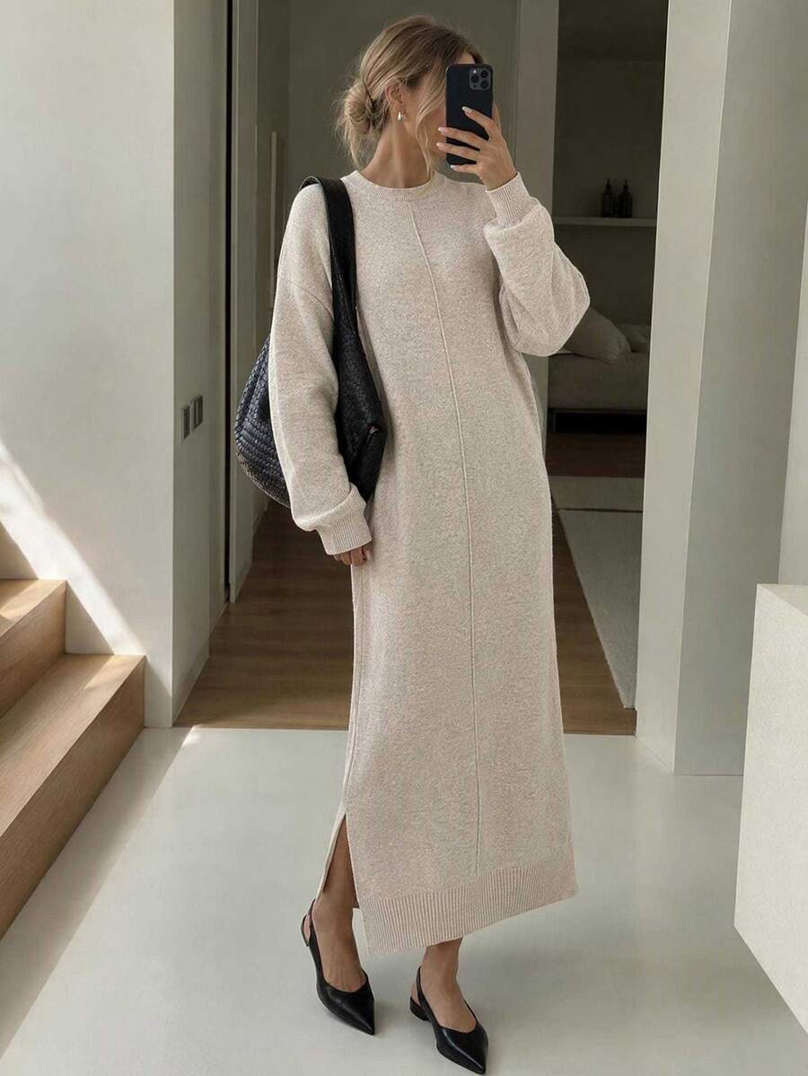 EURMUSE Solid Drop Shoulder Sweater Dress