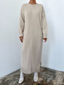EURMUSE Solid Drop Shoulder Sweater Dress - Beige - View 7