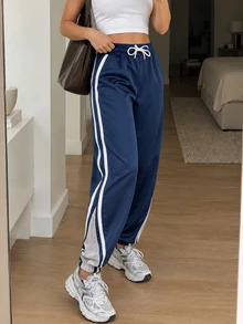 EURMUSE Striped Side Drawstring Waist Sweatpants - Navy Blue - View 1