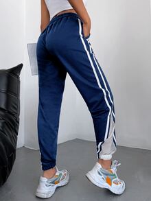 EURMUSE Striped Side Drawstring Waist Sweatpants - Navy Blue - View 10