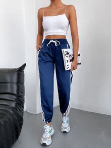 EURMUSE Striped Side Drawstring Waist Sweatpants - Navy Blue - View 13