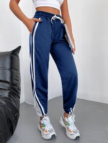 EURMUSE Striped Side Drawstring Waist Sweatpants - Navy Blue - View 12