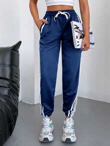 EURMUSE Striped Side Drawstring Waist Sweatpants - Navy Blue - View 7