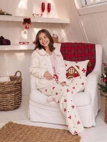 Comfortcana Comfortable Fleece Bow Print Pajama Bottoms For Tween Girls With Drawstring Christmas Lounge White And Red Cute Romantic - Red and White - View 7