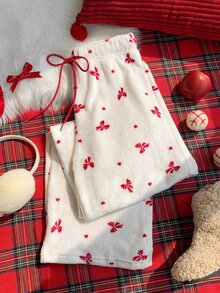 Comfortcana Comfortable Fleece Bow Print Pajama Bottoms For Tween Girls With Drawstring Christmas Lounge White And Red Cute Romantic - Red and White - View 3