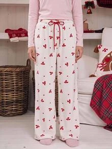 Comfortcana Comfortable Fleece Bow Print Pajama Bottoms For Tween Girls With Drawstring Christmas Lounge White And Red Cute Romantic - Red and White - View 4