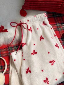 Comfortcana Comfortable Fleece Bow Print Pajama Bottoms For Tween Girls With Drawstring Christmas Lounge White And Red Cute Romantic - Red and White - View 8