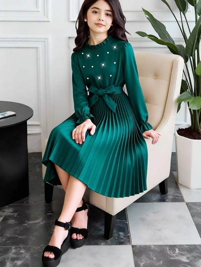 Casuvi Kids Tween Girls Elegant Cute Solid Pleated Dress Fall Pearl Beaded Frill Neck Casual Dress With Belt Christmas Party Dark Green
