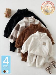 SHEIN 4件組幼兒男童運動休閒套裝，可愛棕色與白色毛茸茸抓絨加厚羊羔絨，半拉鍊拼接設計，長袖立領，適合戶外冬季運動活動 - 棕色 - 查看 1