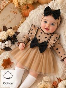 SHEIN 2pcs Baby Girl Tutu Dress Cute Sweet Tan Black Heart Bow Ruffle Tulle Ribbed Long Sleeve Round Neck Light Birthday Party Fall Holiday Ballet Chic Set - Khaki - View 3