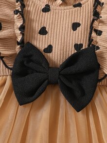SHEIN 2pcs Baby Girl Tutu Dress Cute Sweet Tan Black Heart Bow Ruffle Tulle Ribbed Long Sleeve Round Neck Light Birthday Party Fall Holiday Ballet Chic Set - Khaki - View 6