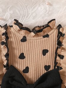 SHEIN 2pcs Baby Girl Tutu Dress Cute Sweet Tan Black Heart Bow Ruffle Tulle Ribbed Long Sleeve Round Neck Light Birthday Party Fall Holiday Ballet Chic Set - Khaki - View 5