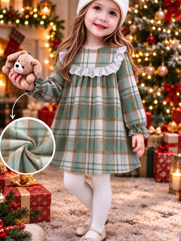 SHEIN Đầm bé gái mùa thu đồng bộ mẹ và con gái mừng sinh nhật 7 tuổi, màu trắng kẻ caro phong cách công chúa, vải chải lông trung bình, ren bèo nhún, cổ tròn, tay dài, Giáng Sinh - màu xanh lá - Xem 1