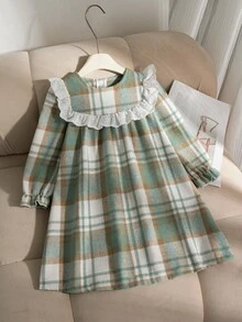 SHEIN 女童秋季母女套裝 7歲生日 白色格紋公主風 中磅數刷毛布料 蕾絲荷葉邊圓領長袖洋裝 聖誕 - 綠色 - 查看 5
