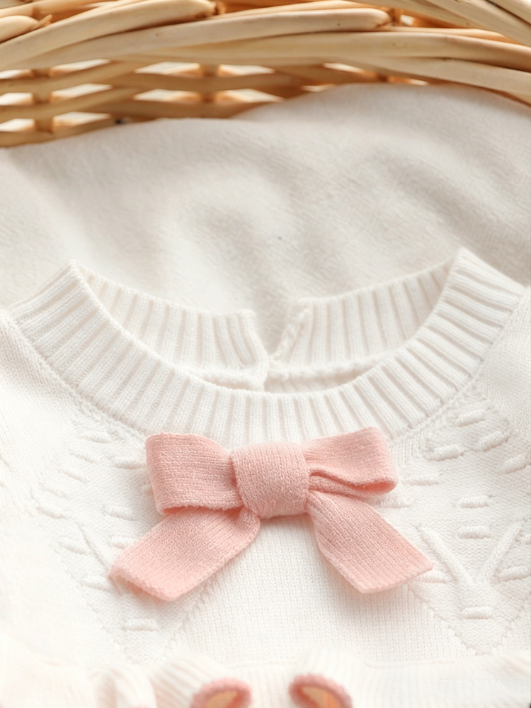 SHEIN Newborn Baby Sweater Romper,Fashion Cute Knitted 3D Bow Round Neck Snap-Up Long Sleeve Ruffle Footed Romper,Soft Autumn Clothes For Baby Shower Gift - Beige - View 3