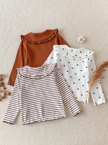 SHEIN 女童春秋長袖打底上衣，娃娃領搭配荷葉邊袖口與下擺，波浪邊設計，白色印花愛心、純色咖啡、棕色/白色條紋款式可選，附3D花朵裝飾，舒適簡約，適合室內外穿著 - 彩色 - 查看 3