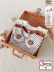 SHEIN 女童春秋長袖打底上衣，娃娃領搭配荷葉邊袖口與下擺，波浪邊設計，白色印花愛心、純色咖啡、棕色/白色條紋款式可選，附3D花朵裝飾，舒適簡約，適合室內外穿著 - 彩色 - 查看 2