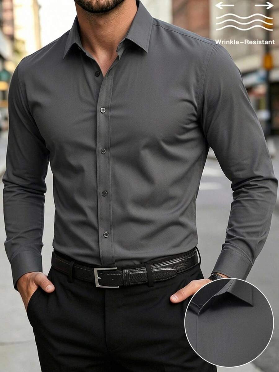 Manfinity Mode Men's Front Button Long Sleeve Pocket Casual Formal Shirt, Daily Wear, For Fall, Ceremony Style For Commuting, Old Money - Grey - View 1