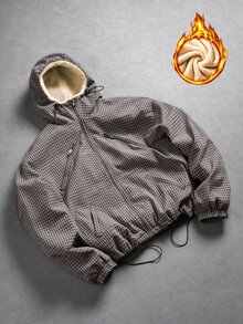 PAVTROS Vintage Plaid Men's Thermal Lined Grey Jacket, Y2K Zipper Hooded Jacket, Suitable For Daily Casual, Weekend Outings, Winter Wear - Grey - View 3