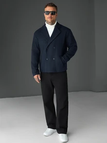 Manfinity Roughcore Men's Comfortable Solid Color Wool Fabric Double-Breasted Long Sleeve Jacket, Casual Vacation, Dinner Party, Daily Date, Simple Versatile Style, Cycling, Suitable For Personal Wear Or As A Gift For Friends, Hot-Selling Autumn/Winter Outdoor Wool Style - Royal Blue - View 7